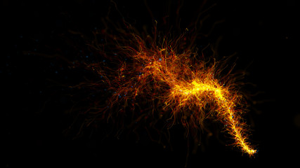 3d rendered particle trail background. Abstract detailed particles structure. Particles are emitted from a point that forms wave trajectory.