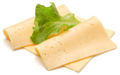 cheese slices  and salad leaves isolated on white background cutout