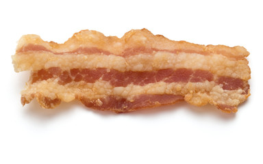 cooked crispy slice of bacon isolated on white background