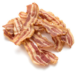 cooked crispy slices of bacon isolated on white background