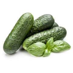 Cucumber vegetable and basil leaves isolated on white background cutout