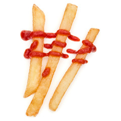 French Fried Potatoes with ketchup isolated on white background