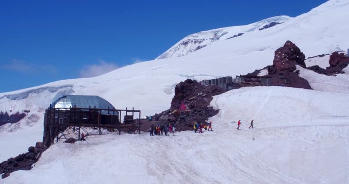 aerial shot hotel for climbers on mount Elbrus at a height of 4050 meters above sea level
