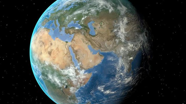 Night to day - rotating Earth. Zoom in on Cyprus outlined
