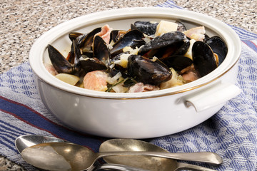 irish fish soup with mussels in a terrine