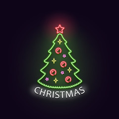 Christmas tree in neon light. Neon sign. Concept design greeting card, poster or banner.