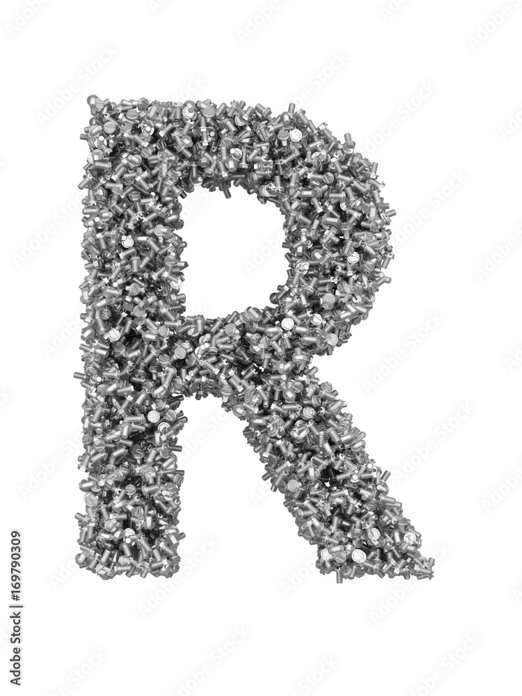 Fototapete 3d render of silver or grey alphabet make from bolts. big letter r with clipping path. isolated on w