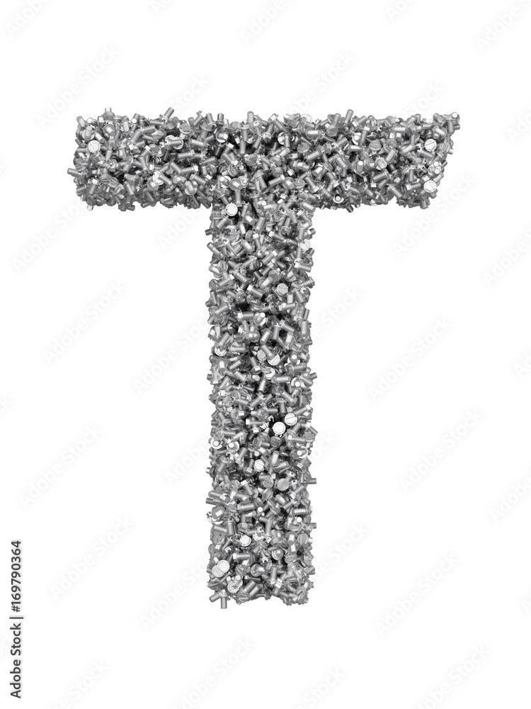 Fototapete 3d render of silver or grey alphabet make from bolts. big letter t with clipping path. isolated on w