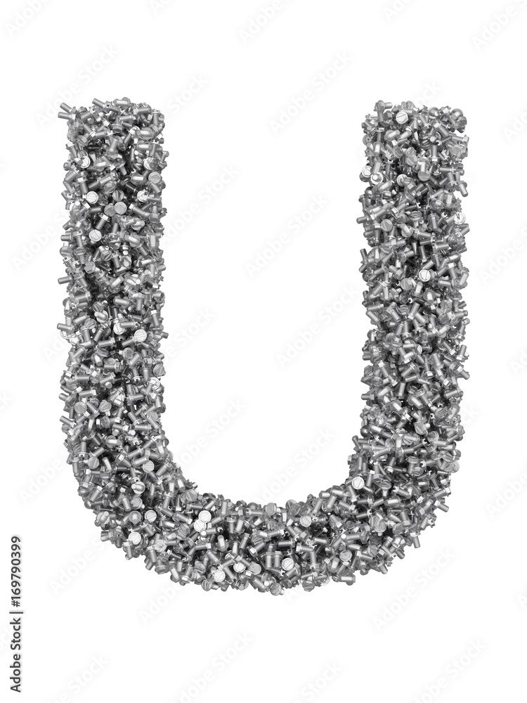 Fototapete 3d render of silver or grey alphabet make from bolts. big letter u with clipping path. isolated on w