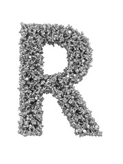 3D render of silver or grey alphabet make from bolts. Big letter R with clipping path. Isolated on white background