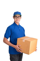Cheerful delivery man. Happy young courier holding a cardboard box and smiling while standing isolated with clipping path.