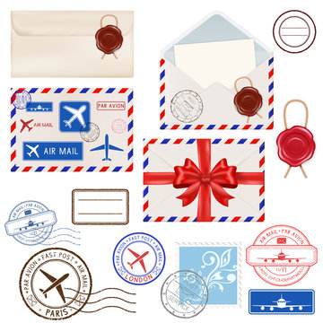 Collection of postal elements - envelopes, postmarks, stamps, sealing wax