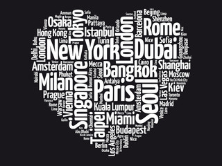 Top 100 International Tourist Destination Cities composed in love sign heart shape, word cloud collage, business and travel concept background