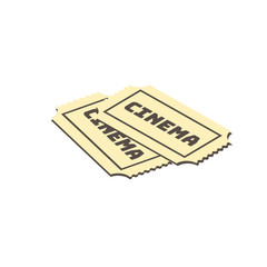 Tickets vector color icon. Retro cinema vintage ticket stub on white background. Isolated admission, movie, cinema coupon for design of poster, card, sticker.