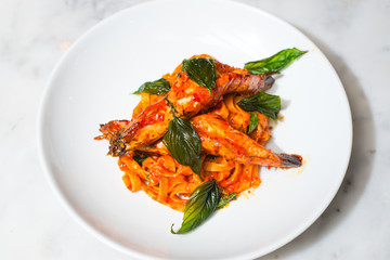 Fettuccine pasta with a big shrimp