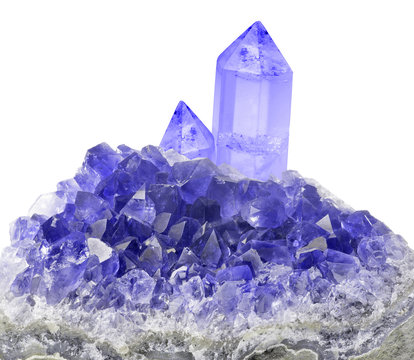 large crystals in blue sapphire druse on white