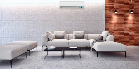 Naklejka na ściany i meble Modern bright living room with air conditioning, white wall. 3D rendering