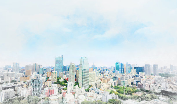 Asia businessand culture concept - panoramic modern cityscape building bird eye aerial view under dramatic sunny and morning blue cloudy sky in Tokyo, Japan. Mix hand drawn sketch illustration