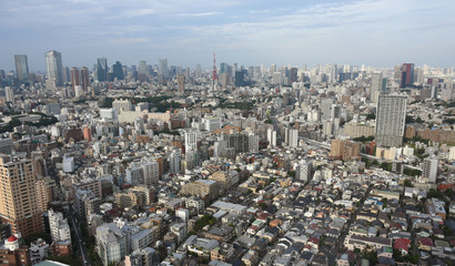 日本の東京都市風景「高層ビル群などを望む」（画面中央奥付近に東京タワーなどが見える）
