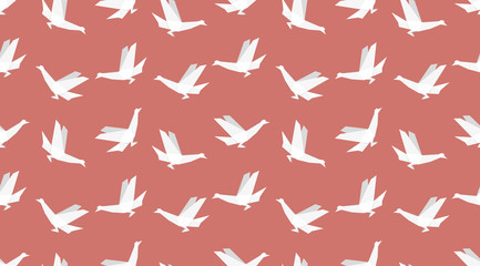 Origami bird seamless patternon red background. Japanese vector ornament. Endless texture can be used for wallpaper, web page background, surface, textile print..