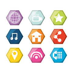 social media related icons over colorful hexagons and white background  vector illustration