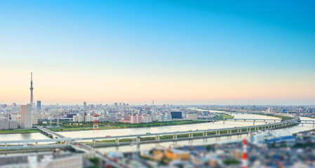 Business and culture concept - panoramic modern city skyline bird eye aerial view with tokyo skytree under dramatic sunset glow and beautiful cloudy sky in Tokyo, Japan. Miniature Tilt-shift effect
