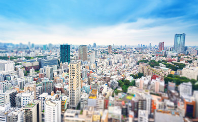 Business and culture concept - panoramic modern city skyline bird eye aerial view from tokyo tower under dramatic grey cloudy sky in Tokyo, Japan. Miniature Tilt-shift effect