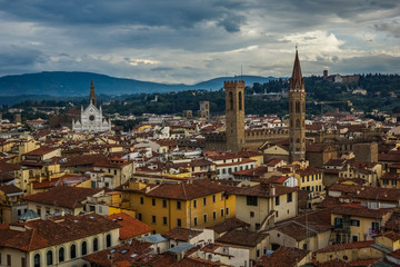 Fototapeta na wymiar Palazzo del Bargello, Badia Fiorentina, Basilica di Santa Croce and panorama city in Florence, Tuscany, Italy