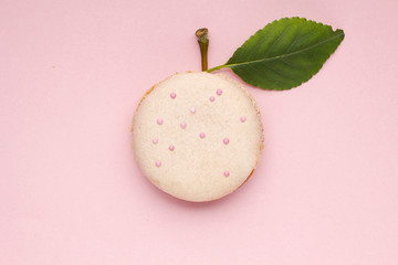 Healthy pastry / Creative concept photo of a macaroon with apple leaf and twig on pink background.