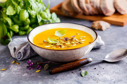 Pumpkin soup in a bowl
