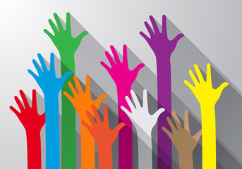 Fototapeta premium Warm colorful caring up hands hearts vector design element. Colors hand up. colorful hands with heart, vector. Charity and Relief Work. Hand long with long shadow.