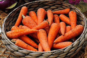 Fresh carrots in a wicker basket on the burlap background