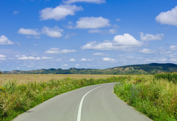 Fototapeta na wymiar road and meadow with sky and clouds landscape