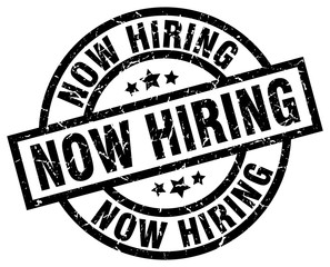 now hiring round grunge black stamp