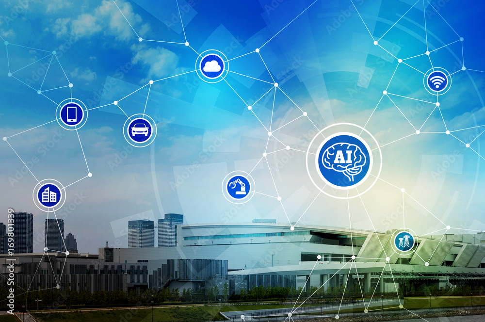 Poster ai (artificial intelligence) and communication network concept. internet of things. abstract mixed m
