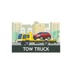 Tow truck for transportation faulty cars. The evacuation of the car. Vector illustration.