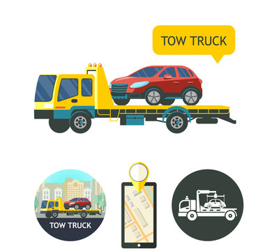 Evacuation vehicles. Tow truck for transportation faulty cars. Design logos, Icons. Phone GPS.