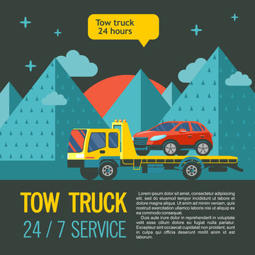 Tow truck for transportation faulty cars. Evacuation vehicles around the clock, 7 days a week. Vector illustration with place for text.