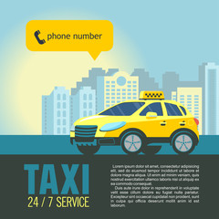 Yellow taxi car in the background high rise buildings. Vector illustration of a taxi service.