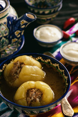 Stuffed peppers with broth, oriental uzbek style cuisine.