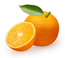 Fototapeta na wymiar Whole fresh orange fruit with green leaf and half