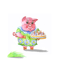 Pig with a birthday cake,  watercolor illustration for children