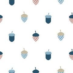 Blue scandi acorn simple seamless vector pattern. White, pale and blue leaves pattern background. © YoPixArt