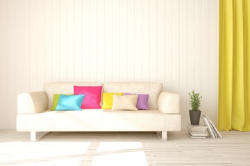White modern room with sofa. Scandinavian interior design. 3D illustration
