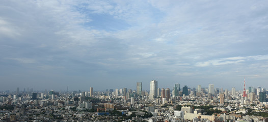 日本の東京都市風景「池袋の高層ビル群（画面左）や港区などの高層ビル群を望む」（画面右には、東京タワー。東京タワーより少し左側の奥に東京スカイツリーも見える）