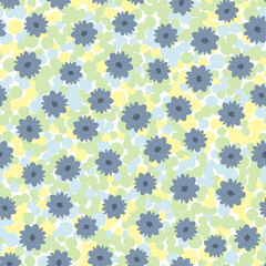 Flowers on motley background of circles. Colorful seamless pattern.