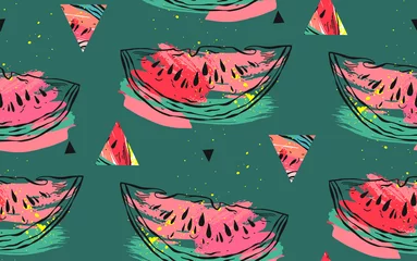 Foto op Plexiglas Watermeloen Hand getekende vector abstracte collage naadloze patroon met watermeloen motief, driehoek hipster vormen en artistieke freehand texturen geïsoleerd op groene achtergrond