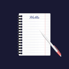 A vector icon of an empty sheet of paper in a line and a pen. The inscription in the notebook Hello. 3d realistic image for business, education, study on dark blue background.