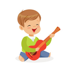 Cute little boy sitting on the floor playing guitar, young musician with toy musical instrument, musical education for kids cartoon vector Illustration