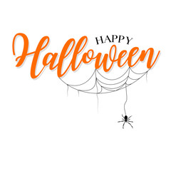 Happy Halloween lettering design. Holiday calligraphy with spider and web, isolated on white background. For poster, banner, greeting card, invitation.